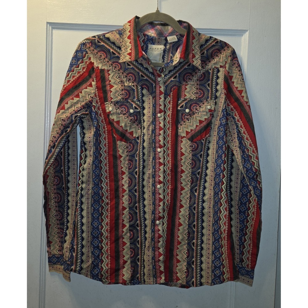 Roper Western Aztec Print Women's  Long Sleeve Pearl Snap Button Blouse Top. M
